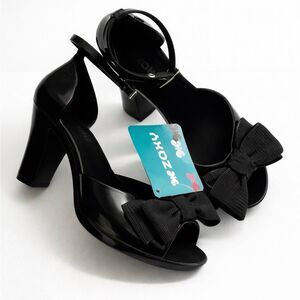 Zaxy Diva Top II Black Bow Heels Sandals Size 5 (Fits 6) Made in Brazil NWT